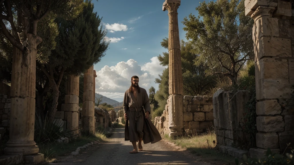 realistic, cinematic, wide angle shot, ancient greece, apostle paul, on the road, traveling, flowing robes, sandals, staff, determined expression, dramatic lighting, warm color palette, volumetric clouds, rolling hills, olive trees, ruins, dramatic composition, photorealistic, highly detailed, 8k, masterpiece