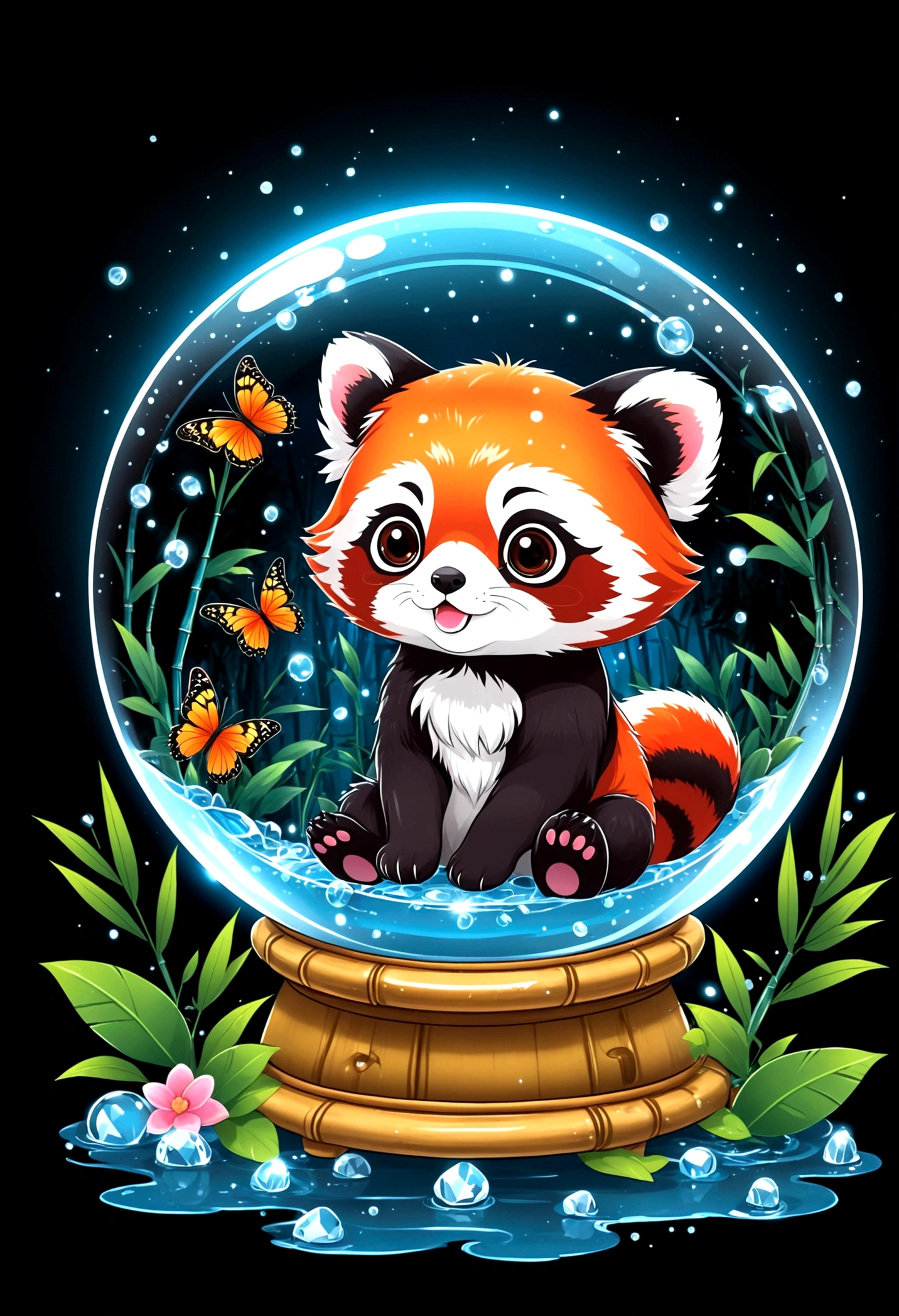 chibi red panda in crystal ball, bamboo forest inside crystal ball, water splash, tshirt design, cute, anime style, kawaii, super detail, black background, midnight, moon light, glowing, butterfly, exquisite flower frame, HD, super detail, vector, digital art