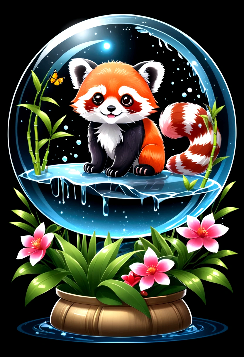 chibi red panda in crystal ball, bamboo forest inside crystal ball, water splash, tshirt design, cute, anime style, kawaii, super detail, black background, midnight, moon light, glowing, butterfly, exquisite flower frame, HD, super detail, vector, digital art