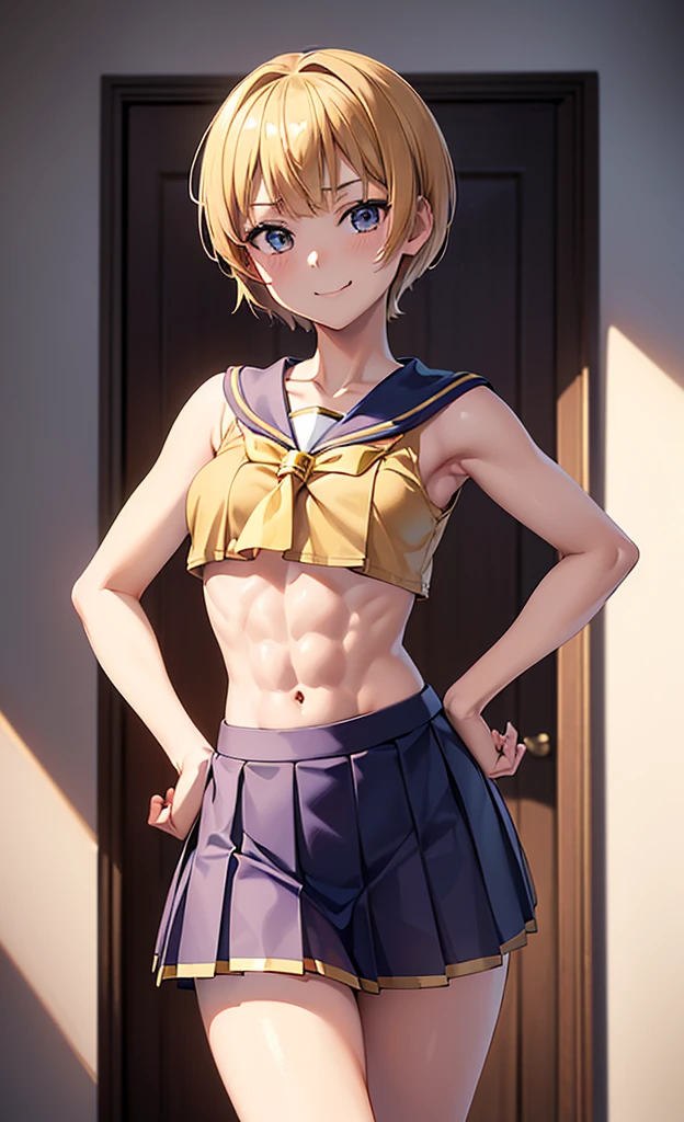 masterpiece, best quality, ultra detailed, ultra high resolution, very detailed face, solo, ((anime)), 20 years old girl, (((sailorfighter costume, pleated short skirt, croptop))), ((golden short hair)), (((medium breast))), (six pack abs:1.2), ((little smile, small mouth)), ((hands on the hip)), standing in the bedroom