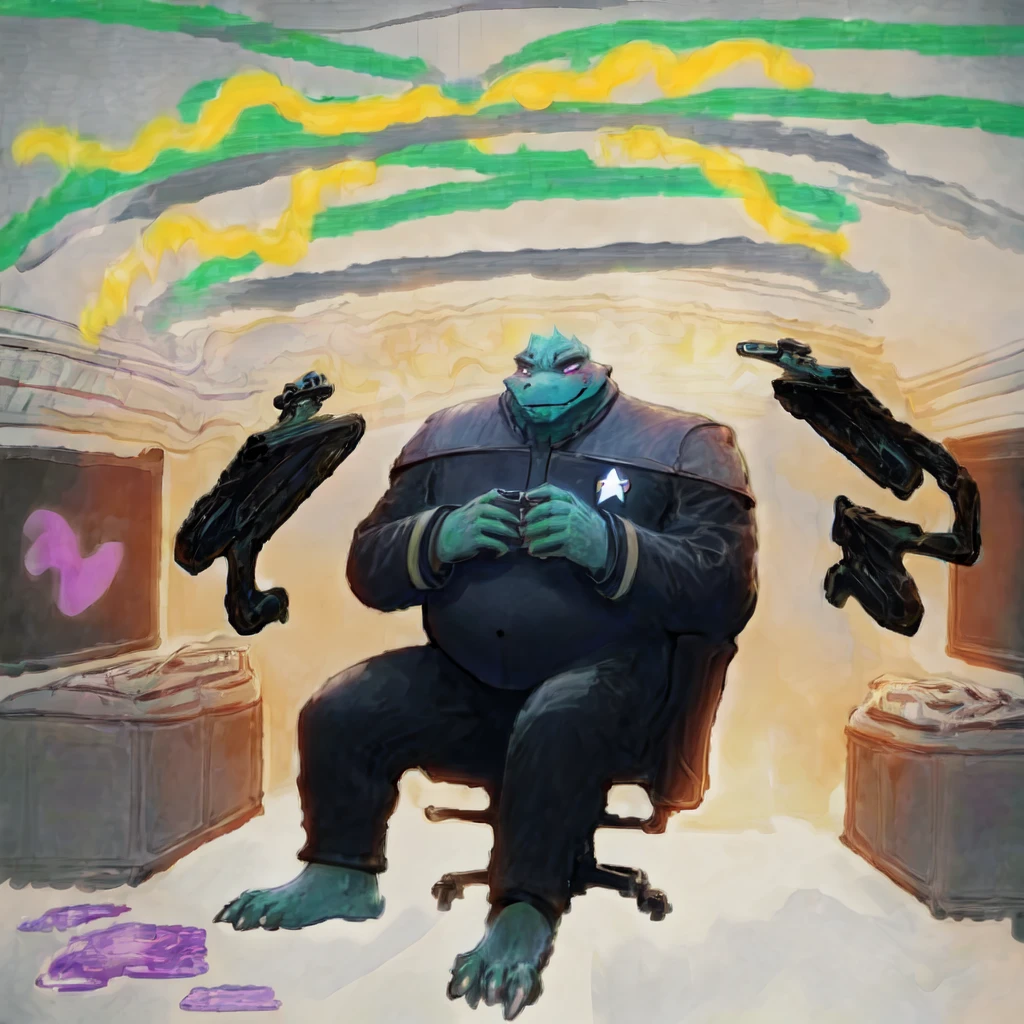 (((Barefoot scaley character, full body, cinematic setting, furry male, plantigrade)))
Doctor (((kingkrool))), crocodile, green skin, reptile, gold bracelets, scales, bloodshot eye, fat, obese,
exudes confidence and authority, wears star trek DS9 doctor teal uniform, ((ds9st, black and grey star trek uniform, grey shoulders, teal neck, black jumpsuit, black pants)) dynamic pose, holding medical tricorder, ((starship interior with many screens and consoles)), futuristic look, metalic, bright colors
BREAK, intricate details, highly detailed, extreme detail, octane render, fine art, best quality, highres, (detailed face:1.5), ((full_body)), UHD, (((perfect hands))), ((low light:1.5))
