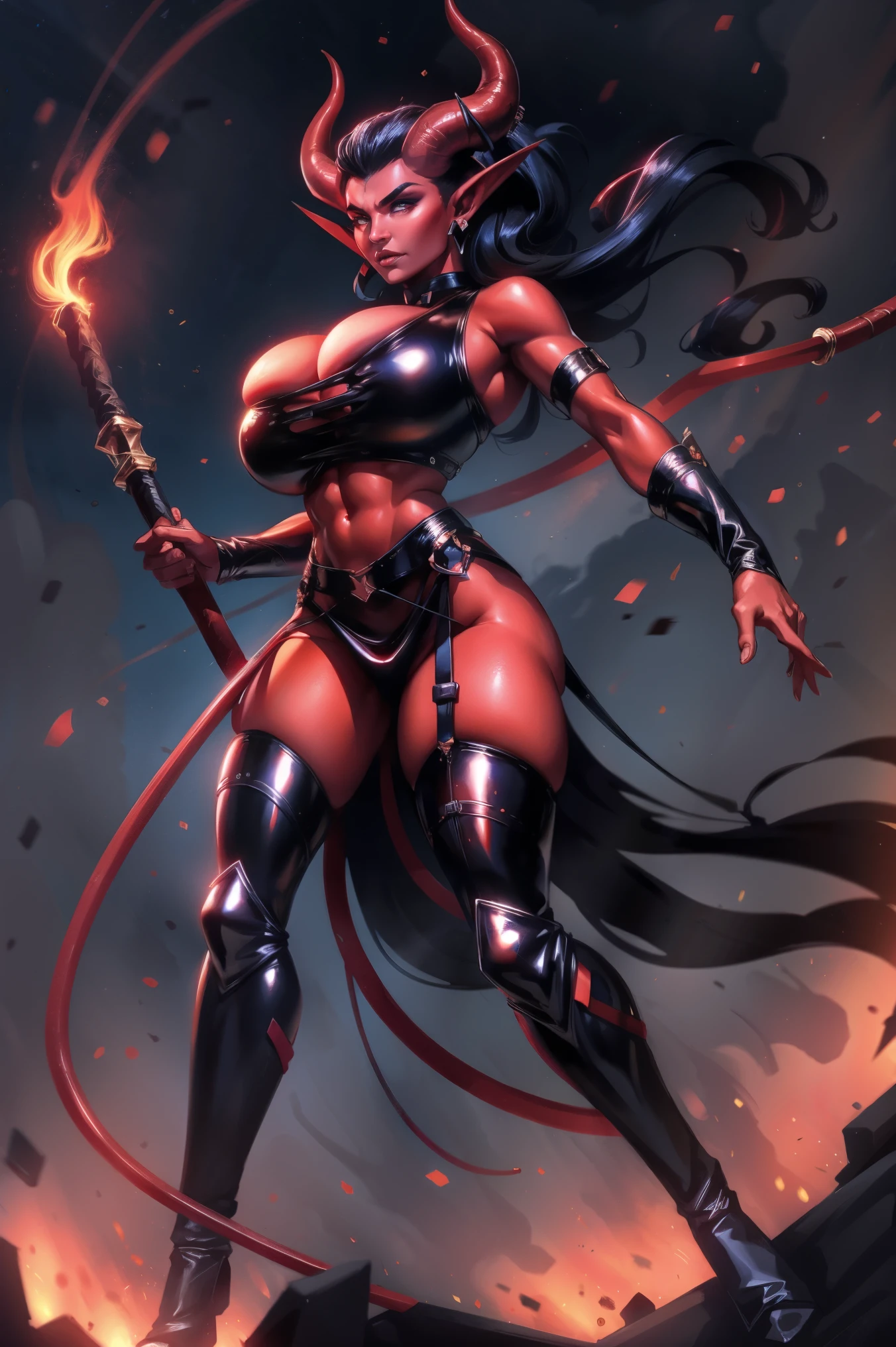 Red skin succubus tiefling, large breasts, black horns, wings, huge tail, black leather, crop top, long flowing pelvic curtain, tall, toned, graceful, thin, long black ponytail. Action scene, whip. Dark scene, explosions, night sky.