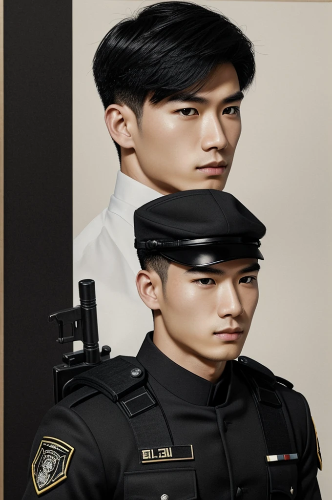 Drawing-type image of a handsome 25-year-old boy of Asian origin, pale skin, black hair and delicate features, with an all-black SWAT uniform and a serious expression on his face, turning to the right side