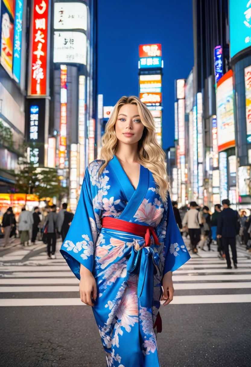 Create a realistic image of Mila Thorne, a 27-year-old woman with long, wavy blonde hair, striking blue eyes, and sun-kissed skin. She has an athletic hourglass figure with generous curves. Mila is wearing a tight, elegant full-body kimono that highlights her figure. She is standing at the bustling Shibuya Crossing in Japan, surrounded by its iconic neon lights and large crowds. The background should capture the essence of Shibuya Crossing, with busy streets, illuminated billboards, and an energetic atmosphere. Mila's pose should be graceful, with her full kimono in view, and her expression peaceful and content, taking in the vibrant surroundings