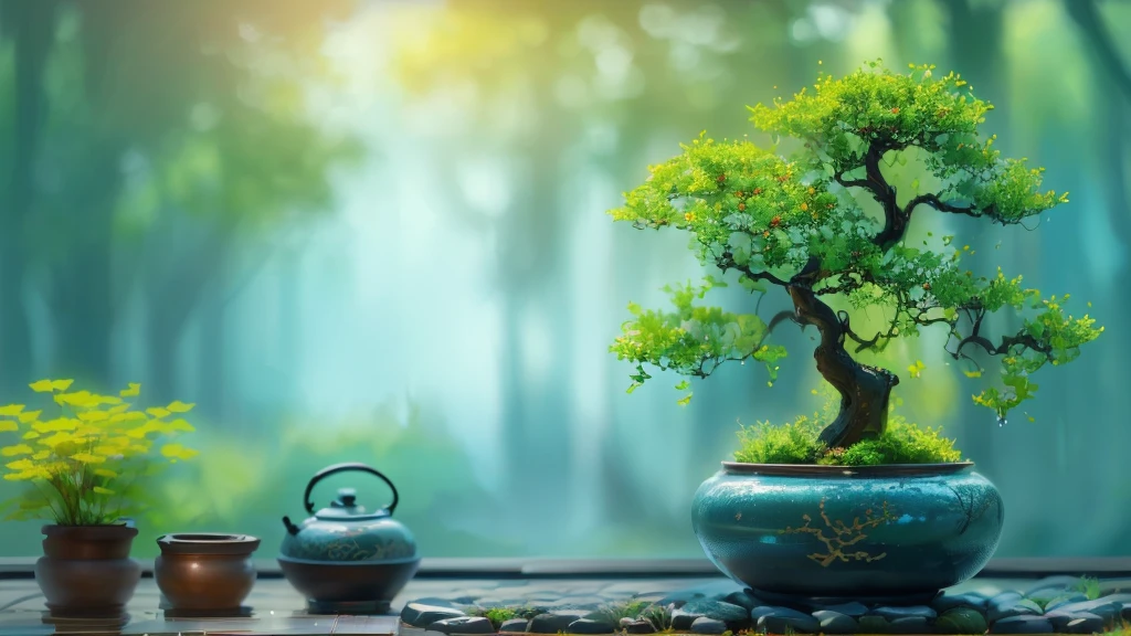 there is a Potted plants tree in a pot on a table, Zen Nature Background, lush plants and Potted plants trees, Potted plants tree, blue Potted plants, Beautiful Wallpapers, Awesome Wallpapers, High-resolution wallpapers, Potted plants trees, Nature Wallpaper, Beautiful background, Potted plants, made of Potted plants, Portrait Wallpaper, Zen temple background, Zen atmosphere, High Quality Wallpapers, high quality desktop wallpaper、Wet with water