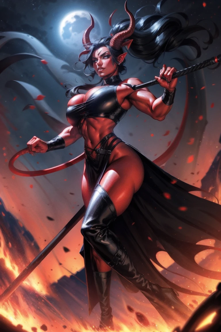 Red skin succubus tiefling, large breasts, black horns, wings, huge tail, black leather, crop top, long flowing pelvic curtain, tall, toned, graceful, thin, long black ponytail. Action scene, whip. Dark scene, explosions, night sky.
