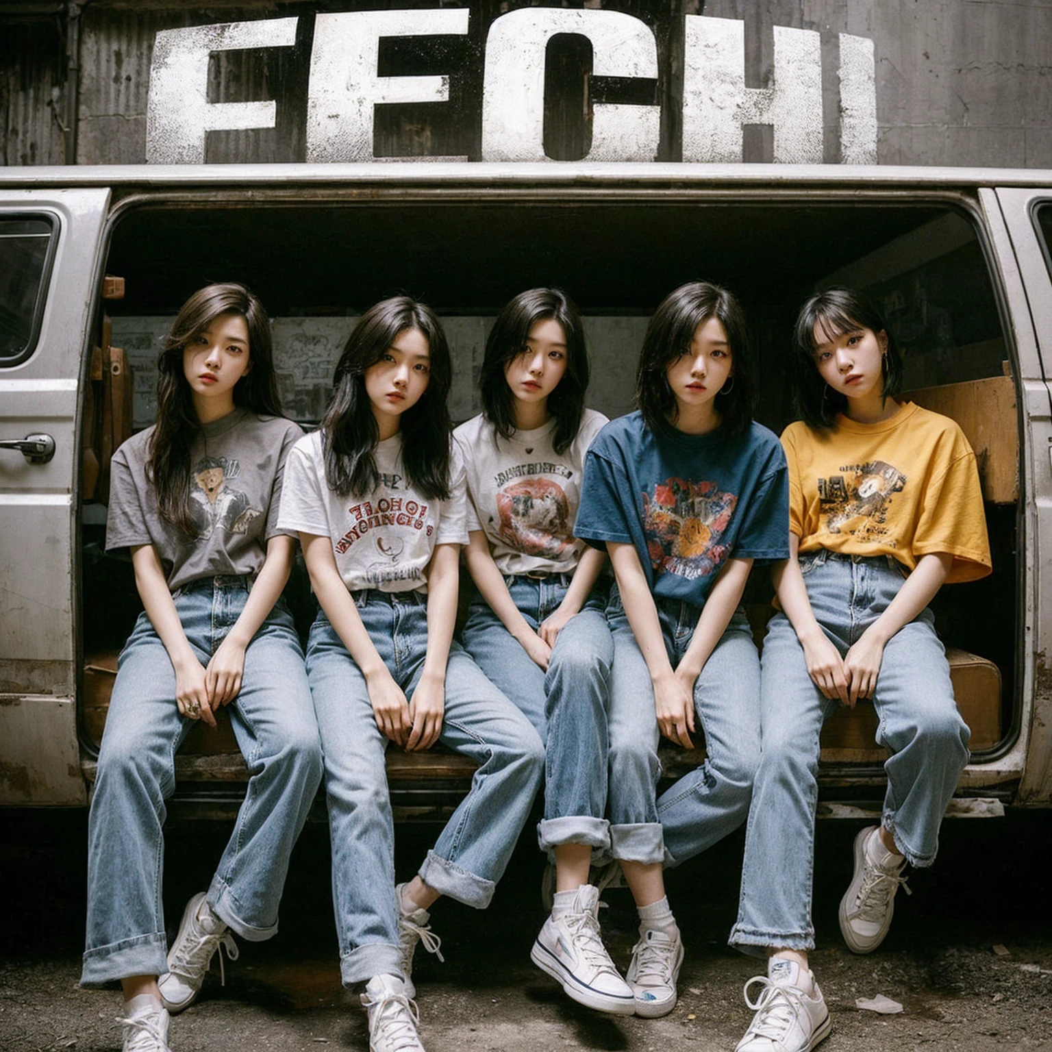 a visually striking five korean young woman member band photo in a gritty, urban setting. The band should be seated in a rugged van, evoking a raw. Emphasize a cool, laid-back attitude with casual clothing, such as graphic tees, jeans, and sneakers. Ensure the band's name, “ECHO” is prominently displayed above them in bold, distressed typography. Capture a mood that reflects the essence of early 2000s pop, combining elements of angst, realistic, masterpiece