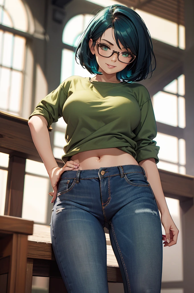 Masterpiece, best quality, 1girl, solo, 23 years old, adult, teal and green hair, messy hair, asymmetrical hair, very short hair, aqua eyes, medium breasts,  toned, 167cm, pale skin, glasses, grin, olive green shirt, jeans, midriff peek, charley.atwell