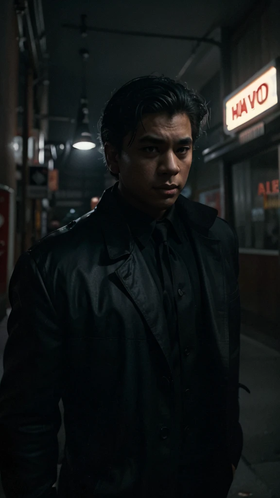Design a dramatic movie poster inspired by classic film noir. Place the Malay Boy in a dimly lit urban setting, capturing the essence of mystery and intrigue. Make use of shadows and noir-style lighting to enhance the atmosphere.
