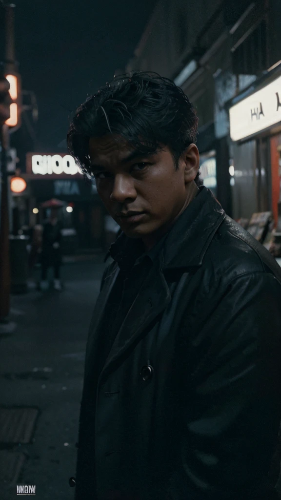 Design a dramatic movie poster inspired by classic film noir. Place the Malay Boy in a dimly lit urban setting, capturing the essence of mystery and intrigue. Make use of shadows and noir-style lighting to enhance the atmosphere.