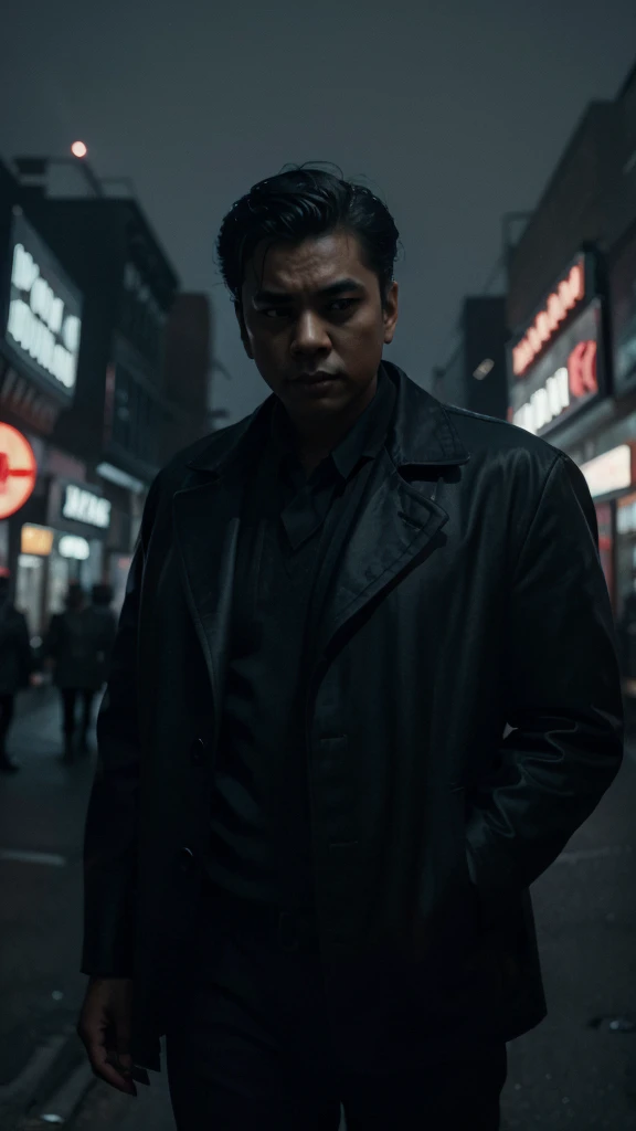 Design a dramatic movie poster inspired by classic film noir. Place the Malay Boy in a dimly lit urban setting, capturing the essence of mystery and intrigue. Make use of shadows and noir-style lighting to enhance the atmosphere.