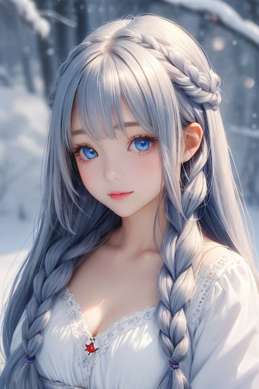 Bright expression、photography realism、best quality、Ultra-high resolution、picture、Very beautiful Nordic girl photos、Lovely and beautiful facial details、Beautiful Bangs、Alice in Wonderland、20 years old、Fair and shiny skin、露出脸部的Bangs、Bangs 、Hair between the eyes、Extra long hair、Charming Bright Natural Silver Extra Long Straight Fine Hair、Have braids、Make hair smoother、Bright light blue big eyes are bright, beautiful and charming、open chest、Winter clothes、Eyeliner、Double eyelids、Large breasts