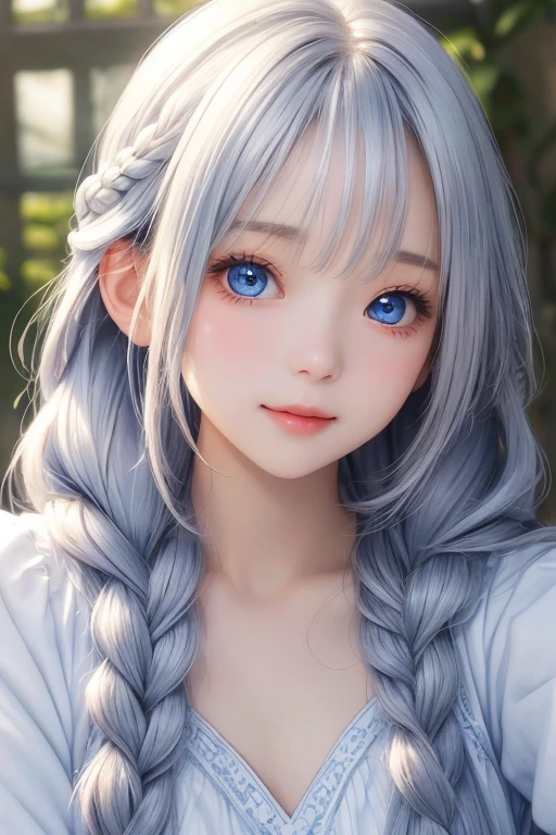 Bright expression、photography realism、best quality、Ultra-high resolution、picture、Very beautiful Nordic girl photos、Lovely and beautiful facial details、Beautiful Bangs、Alice in Wonderland、20 years old、Fair and shiny skin、露出脸部的Bangs、Bangs 、Hair between the eyes、Extra long hair、Charming Bright Natural Silver Extra Long Straight Fine Hair、Have braids、Make hair smoother、Bright light blue big eyes are bright, beautiful and charming、open chest、Winter clothes、Eyeliner、Double eyelids、Large breasts
