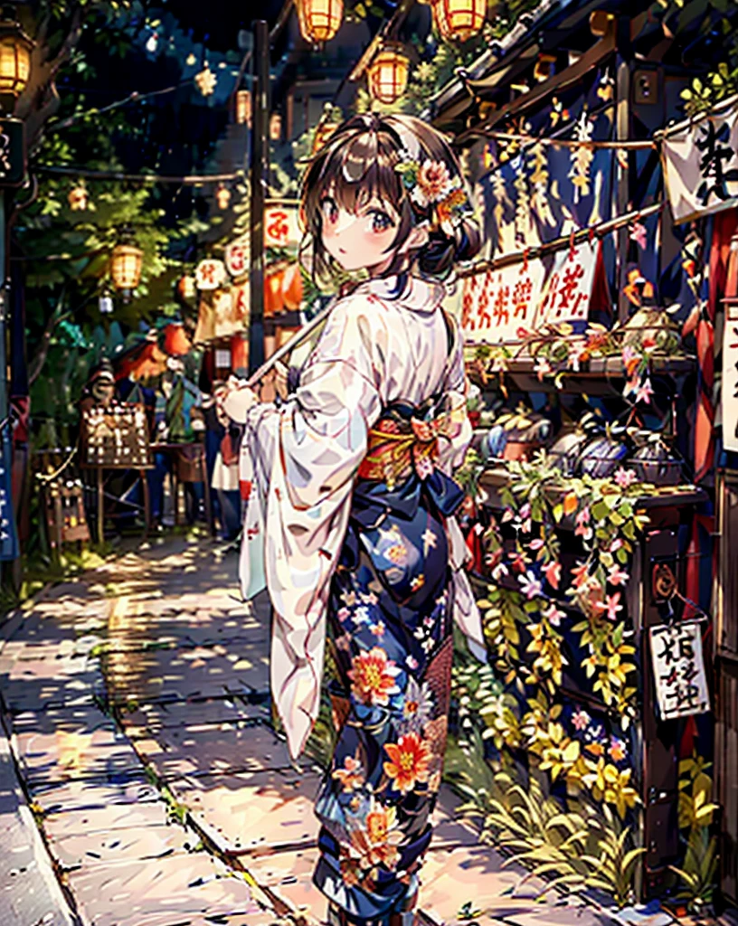 masterpiece, highest quality, super detailed, figure, OMATSURI, food stand, 1 girl, beautiful eyes, looking at the viewer, from behind, cowboy shot, think back, yukata, wood, outdoors,road, walk, crowd, night, lanthanum, festival, food, paved, Crossing road, paper lanthanum, street lamppost, brown hair, night sky,