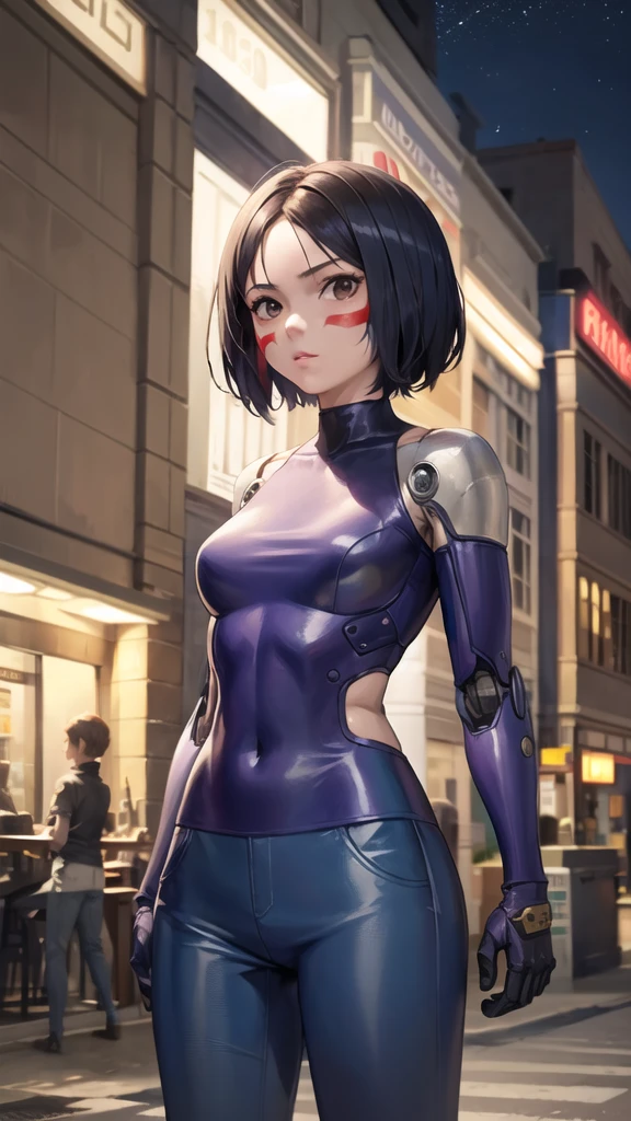 1girl, (masterpiece:1.3), high resolution), (8K), (extremely detailed), (4k), (pixiv), perfect face, nice eyes and face, (best quality), (super detailed), detailed face and eyes, (solo), textured skin, absurdres, highres, gallywz, red facepaint, bare shoulders, mechanical arms,(mechanical hands:1.1),  robot, facial mark, (purple leotard:1.1), (blue pants:1.1),cyberpunk, brown eyes, black hair, short hair, looking at viewer, cowboy shot, standing, outdoors, night, city, medium breasts, 