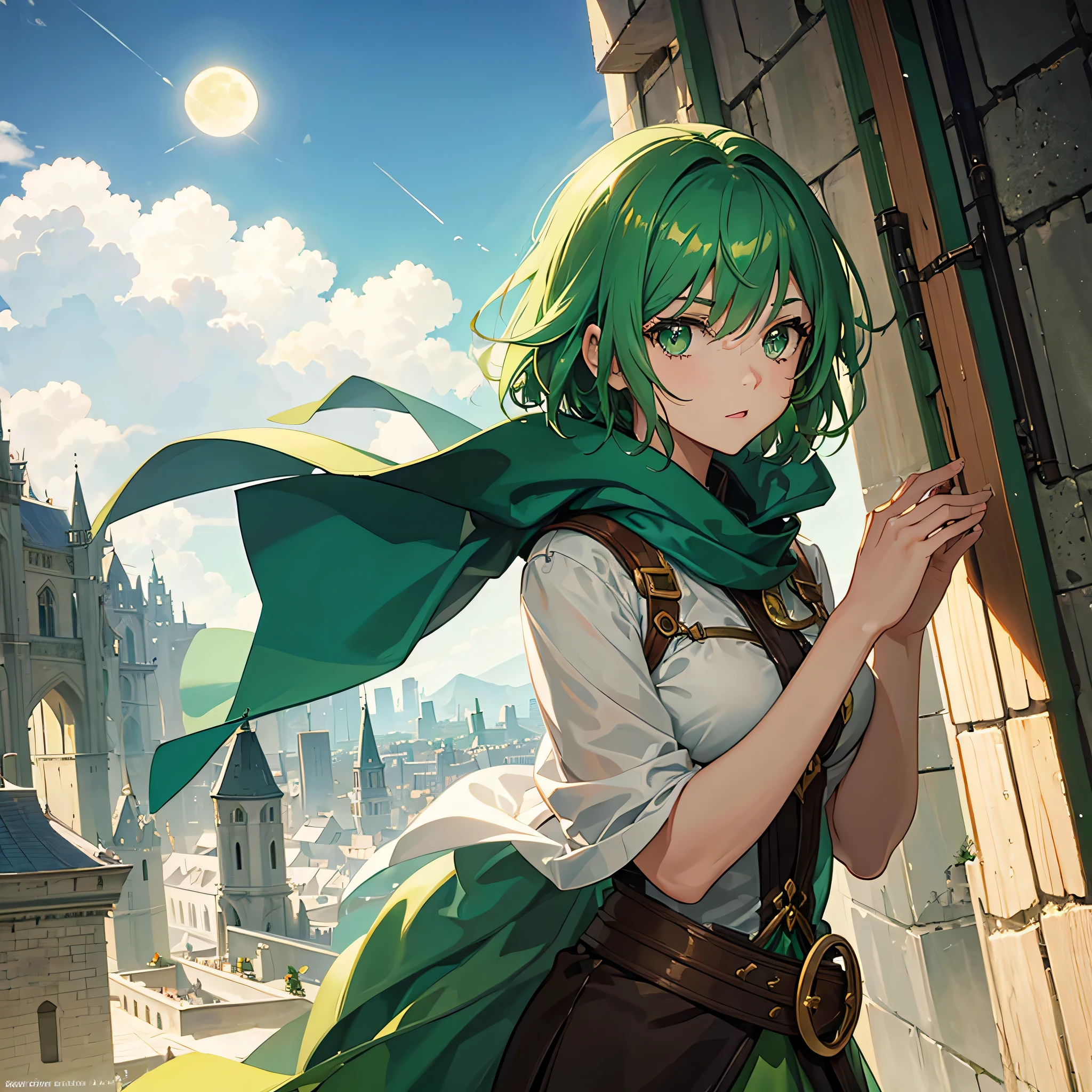 ung girl, short green hair, green eyes, medieval, green magic, dramatic light, city background, moon