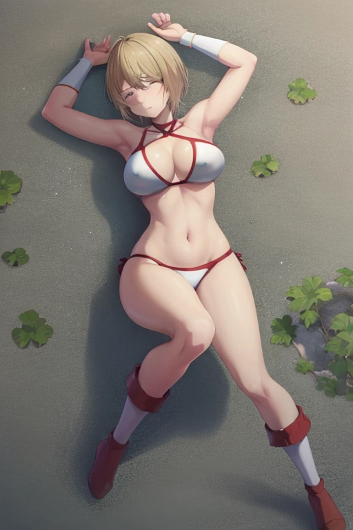 masterpiece, best quality, beautiful art, high resolution, well formed hands, body and fingers, 1 woman, solo, Hououji Akane, blonde, full body , grown up, adult, huge and round breasted, cleavage, hair ornament, wearing a Tyris Flare outfit ,  white_bikini, full body, sexy and skimpy  bikini, red boots, gorgeous  hips, legs and thighs bouncing breasts, ryona , in peril, she is being beaten up by her opponent, she is knocked down and she is slapped in the face , she is pushed against the wall,  being humiliated by her opponent, receiving the impact of her opponent's attacks, closed eyes, screaming in pain and agony, heroine in peril, ryona and perilous scene, bouncing breasts, weak and helpless, martial arts tournament on the beach 