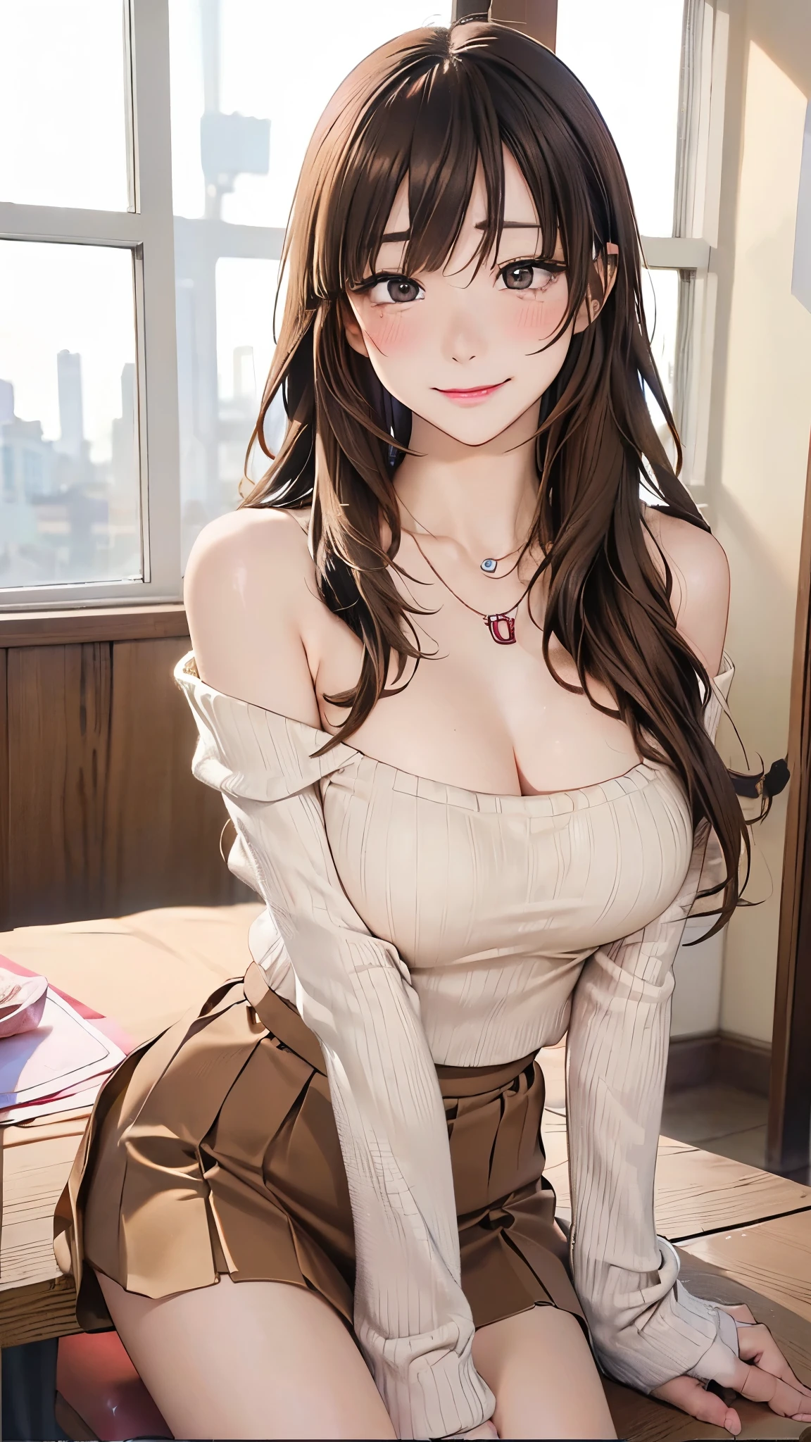 (Tabletop, Highest quality, High resolution, , Pixel perfect, 4K,), 1 Girl, single, alone, Beautiful woman、I could see the whole body、 ((Wavy mid-length hair, bangs, Brown Hair)), ((Brown eyes, Beautiful eyelashes, Realistic eyes)), ((Detailed face, blush:1.2)), ((Smooth texture:0.75, Realistic texture:0.65, Realistic:1.1, Anime CG Style)), Medium chest, Dynamic Angle, Perfect body, female teacher, Earrings、necklace、Beige off-the-shoulder sweater、Long pleated skirt、Black knee-high stockings、Pink lace panties、A shy smile, Superior、Bring your arms together to emphasize your chest、