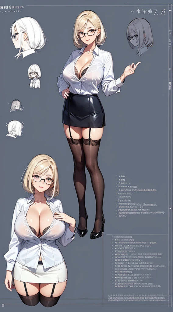 girl, alone, whole body, From head to toe, Are standing, (Huge Saggy Tits:1.3),
Character design sheet, Character Reference Sheet, 設計図のSchematic, Drafting, Blueprint, Schematic,
((Character design sheet:1.7, Character Reference Sheet:1.7,)),
anime/cartoon character wearing a girls , 1girl, alone, ,Mature Woman,Cleavage,Long sleeve,Collared shirt,White shirt,,(Tight Skirt),((garter belt)),(High heels),Skirt Suit,mini skirt,office lady,Long Hair, bow, , (Very short skirt:1.4), (lingerie:1.5),secretary,Thin glasses, (In underwear:1.5),nsfw