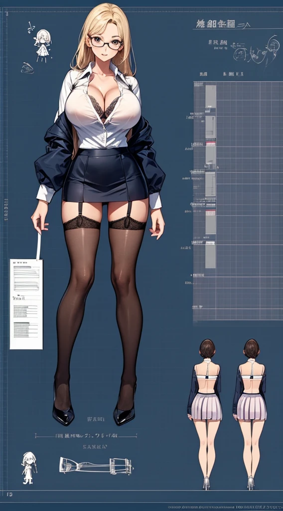 girl, alone, whole body, From head to toe, Are standing, (Huge Saggy Tits:1.3),
Character design sheet, Character Reference Sheet, 設計図のSchematic, Drafting, Blueprint, Schematic,
((Character design sheet:1.7, Character Reference Sheet:1.7,)),
anime/cartoon character wearing a girls , 1girl, alone, ,Mature Woman,Cleavage,Long sleeve,Collared shirt,White shirt,,(Tight Skirt),((garter belt)),(High heels),Skirt Suit,mini skirt,office lady,Long Hair, bow, , (Very short skirt:1.4), (lingerie:1.5),secretary,Thin glasses, (In underwear:1.5),nsfw