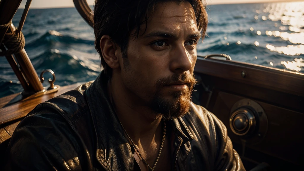 A man in a boat sailing to Greece, apostle Paul, highly detailed portrait, dramatic lighting, oil painting, cinematic, epic, dramatic, moody colors, deep blues and oranges, chiaroscuro, dramatic shadows, intricate details, masterpiece, best quality, 8k, ultra-detailed, photorealistic, cinematic lighting, dramatic poses, intense expression, religious, biblical, golden hour, warm tones