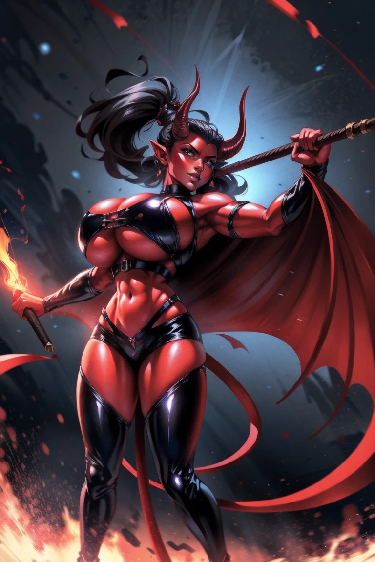 Red skin succubus tiefling, large breasts, black horns, wings, huge tail, black leather, crop top, long flowing pelvic curtain, tall, toned, graceful, thin, long black ponytail. Action scene, whip. Dark scene, explosions, night sky.