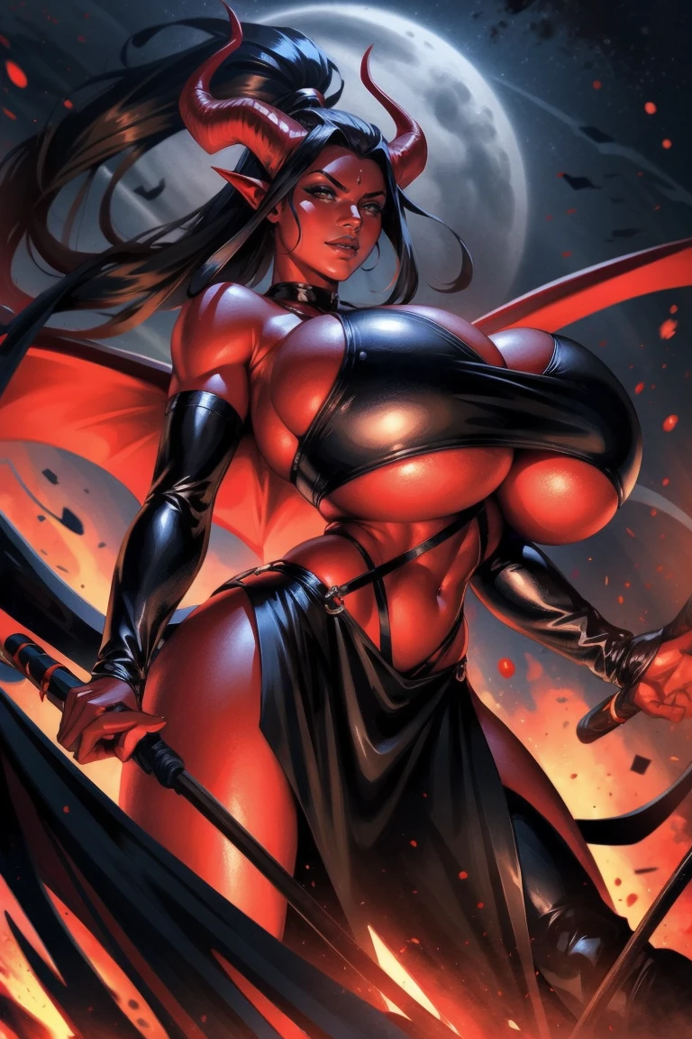 Red skin succubus tiefling, large breasts, black horns, wings, huge tail, black leather, crop top, long flowing pelvic curtain, tall, toned, graceful, thin, long black ponytail. Action scene, whip. Dark scene, explosions, night sky.