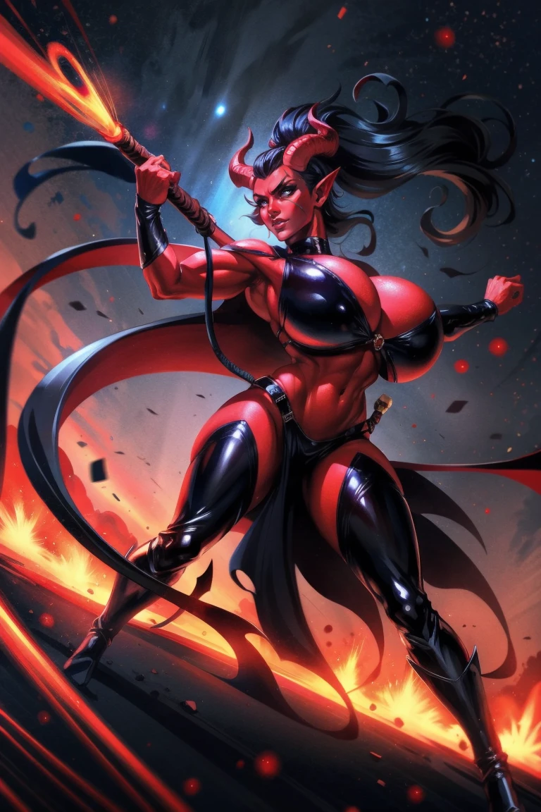 Red skin succubus tiefling, large breasts, black horns, wings, huge tail, black leather, crop top, long flowing pelvic curtain, tall, toned, graceful, thin, long black ponytail. Action scene, whip. Dark scene, explosions, night sky.