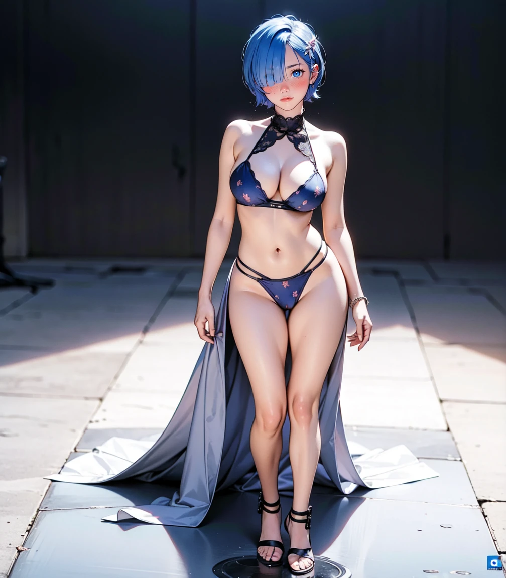 masterpiece, hyper photorealistic, blue hair female, rainbow eyes, all over the tattoos, transparent hologram lacy micro mini bikini