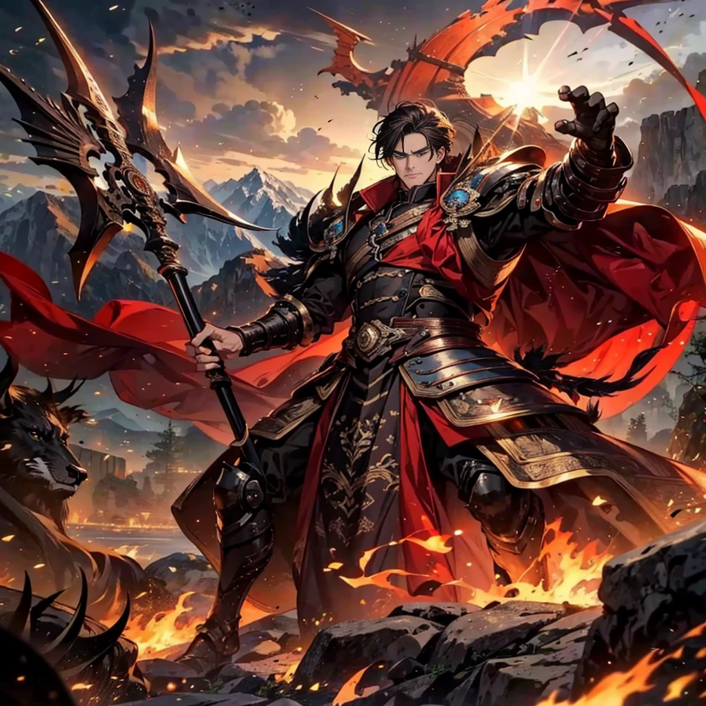 Masterpiece,best quality,Highly detailed,very detailed, Digital Artwork, Levi Bouman,  holding a halberd to pierce the sky, Focus Man, alone, Long shot, full body, Face details,clear face,handsome, Thick eyebrows, black hair,black short hair ,blue eyes, mountain, wearing black armor,wearing a black fur coat, electricity, Fighting posture, Embedded, glove, outdoor, black coat, From the side 31-years old、male people、A darkHair , Demons、single body、Black clothe、A slender、black backgrounds、blue eyes、natta、Angry、Black Armor、masterpiece