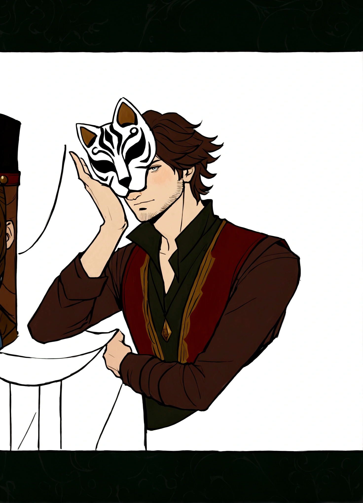 arafed image of a man with a cat on his head, inspired by Gaston Anglade, inspired by Caspar Wolf, caleb from critical role, as a dnd character, with kitsune mask, guy with horse head, inspired by Tyler Jacobson, inspired by Alexis Grimou, as a d & d character, inspired by Carl Eugen Keel