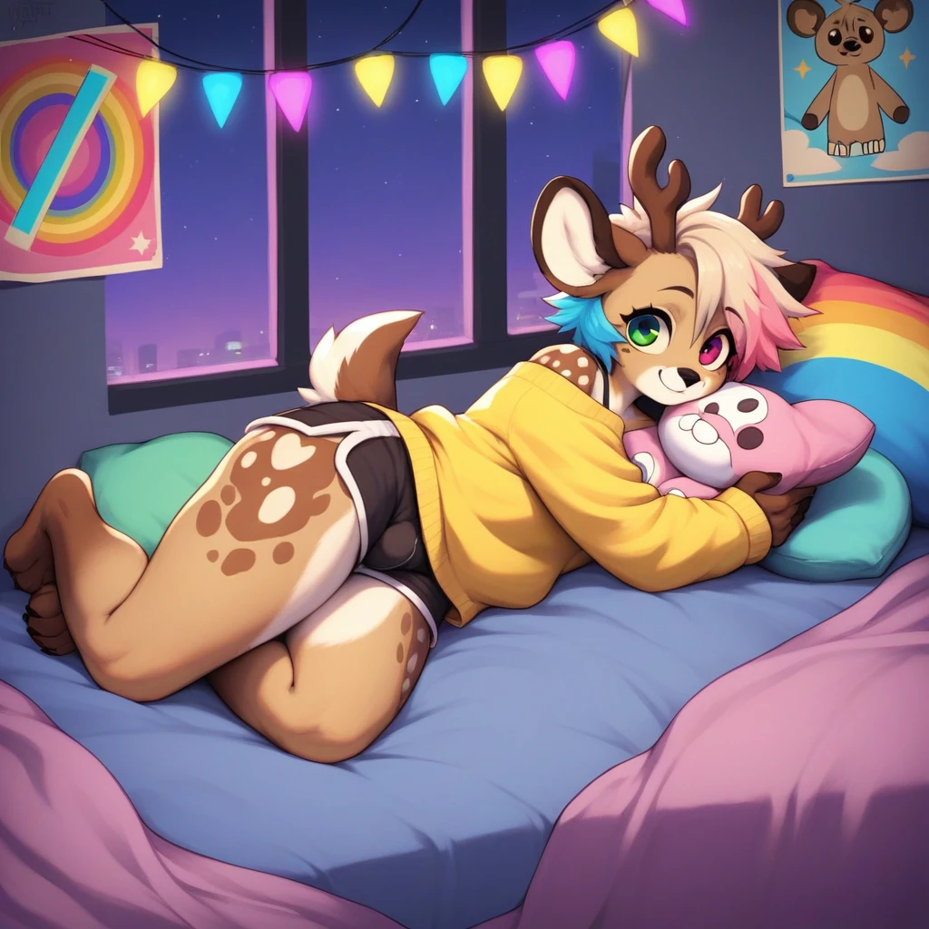 score_9, score_8_up, score_7_up, score_6_up, score_5_up, score_4_up, BREAK (sfw), One anthro, furry, hyena, deer antlers, dark hyena spots, white fawn spots, light brown fur, hyena face, hyena paws, paw feet, cute paw feet, one red eye one green eye, different color eyes, heterochromia, bright red hair, neon hair, dyed hair, mullet hairstyle, twink, femboy, femboy jock, thin body, slim body, thick thighs, big round ass, wearing tiny pijama shorts and a matching spaghetti strap knitted sweater shirt falling one shoulder, lying on a bed next to a open window playing on his phone at night, gamer set up, college bedroom background, posters on the wall, transgender pride flag, rainbow flag, led lights, pink blue and white clothes color scheme, blue pink and purple background color scheme, cyberpunk, full body, colorful bed, stuffed animals, blankets, throw pillows, pillows, colorful pillow cases, pastel color scheme, pink yellow blue white black and grey color scheme, baby pink shorts with blue clowd details, yellow sweater, pink heart details on the sweaters, cute, pastel blue and purple bedsheets,