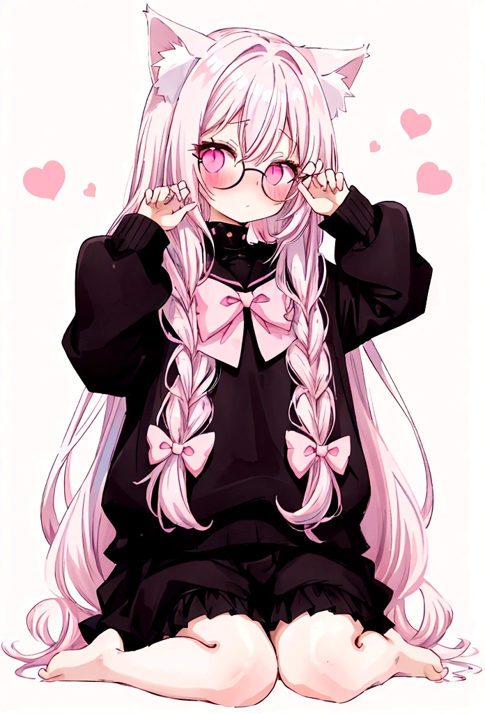 I have white pink hair, cat ears, a bow, my face is super blushing, black glasses, pink heart eyes, a big pink sweatshirt, a black skirt, black stockings, what&#39;s up, barefoot, a cat&#39;s tail, a girl Very shy