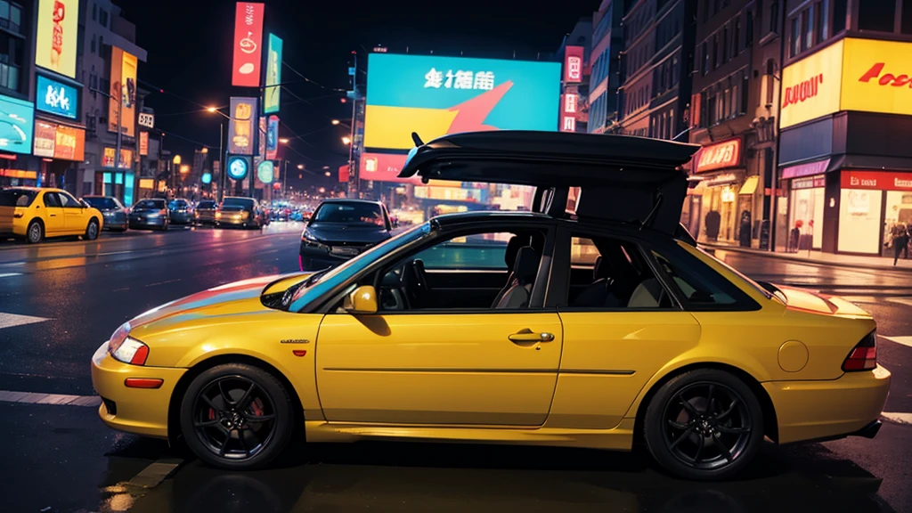 Adult woman driving a car in the city at night, Lofi art style, A glamorous atmosphere, aesthetic, 8K, Cool vibe, Driving around town Focus on the driver，A side view of the driver，Bright colors，Covered car