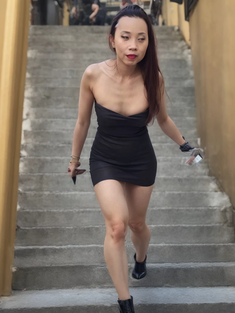 (masterpiece, best quality:1.2), 1 lady, (solo), mtp1, 50 years old lady, 165cm, (((flat chest))), (tiny breasts, slim chest), white skin, red lip , (long straight hair : 1.3) , black hair, ((wearing black linen short dress)), (exposed beautiful legs), she is drunk, open legs, wearing black shoes, ((she is walking on the steps)), viewing from below:1.2, busy nightclubs, disco lights, sexy dance party