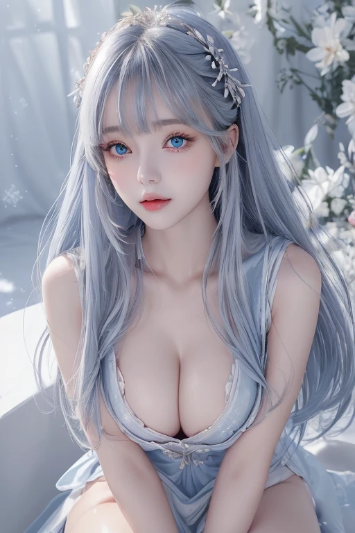 Bright expression、photography realism、best quality、Ultra-high resolution、picture、Very beautiful Nordic girl photos、Lovely and beautiful facial details、Beautiful Bangs、Alice in Wonderland、20 years old、Fair and shiny skin、露出脸部的Bangs、Bangs 、Hair between the eyes、Extra long hair、Charming Bright Natural Silver Extra Long Straight Fine Hair、Make hair smoother、Bright light blue big eyes are bright, beautiful and charming、open chest、Winter clothes、Eyeliner、Double eyelids、Large breasts