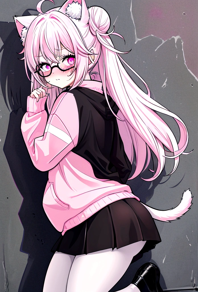 I have white pink hair, cat ears, a bun, my face is super blushing, black glasses, pink heart eyes, a big pink sweatshirt, a black skirt, black stockings, white shoes, a cat&#39;s tail, a girl. very shy that she is glued to a wall with her butt