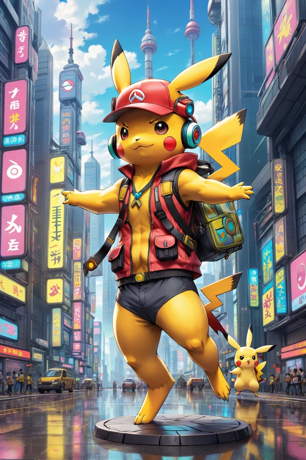 Retro-future dystopian style Pokemon style (masterpiece:1.4), (Highest quality:1.4), Colored, Vibrant, cute, anime, Fantasy, Reminiscent of the Pokemon series, Pikachu Survivor Gear, Very detailed, Very detailed,T-pose