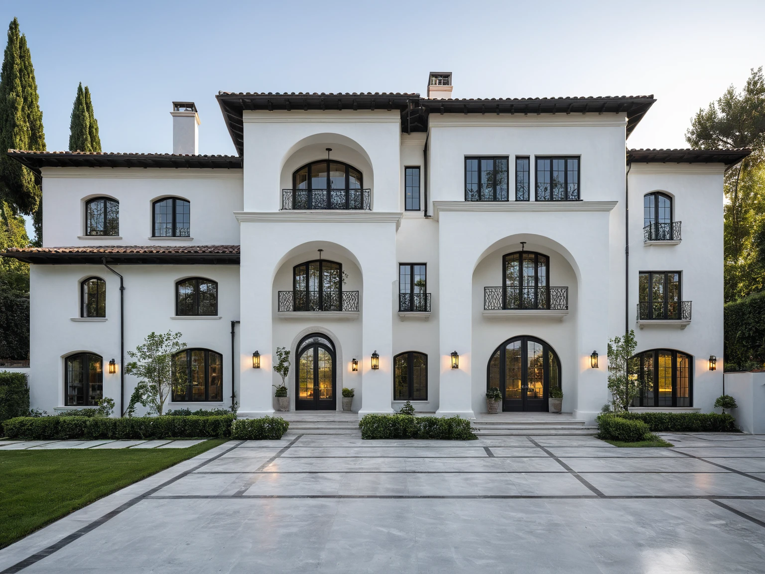 (RAW photo, masterpiece, best quality,ultra-detailed, extremely delicate and beautiful, highresolution, best shadow:1.15), A Mediterranean Italian style home with white stucco walls, black accents and windows, large front yard, modern light grey concrete floors, professional photography in the style of an Italian classic home.