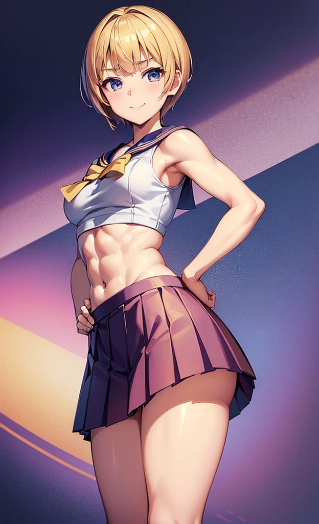 masterpiece, best quality, ultra detailed, ultra high resolution, very detailed face, solo, ((anime)), 20 years old girl, (((sailorfighter costume, pleated short skirt, croptop))), ((golden short hair)), (((medium breast))), (six pack abs:1.2), ((little smile, small mouth)), ((hands on the hip)), standing in the bedroom