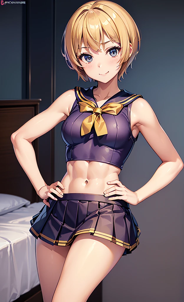 masterpiece, best quality, ultra detailed, ultra high resolution, very detailed face, solo, ((anime)), 20 years old girl, (((sailorfighter costume, pleated short skirt, croptop))), ((golden short hair)), (((medium breast))), (six pack abs:1.2), ((little smile, small mouth)), ((hands on the hip)), standing in the bedroom