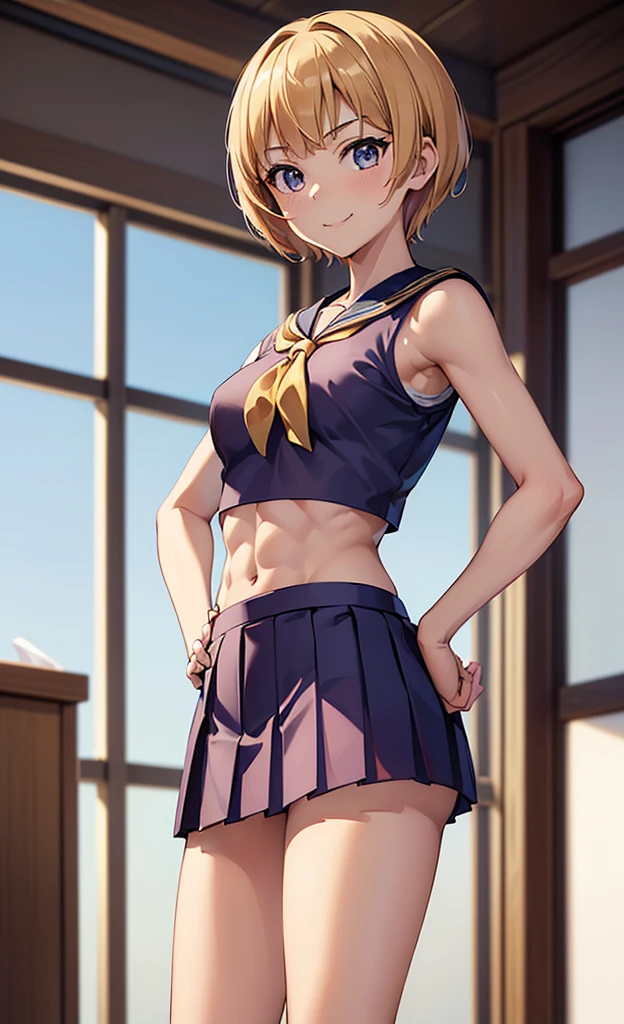masterpiece, best quality, ultra detailed, ultra high resolution, very detailed face, solo, ((anime)), 20 years old girl, (((sailorfighter costume, pleated short skirt, croptop))), ((golden short hair)), (((medium breast))), (six pack abs:1.2), ((little smile, small mouth)), ((hands on the hip)), standing in the bedroom