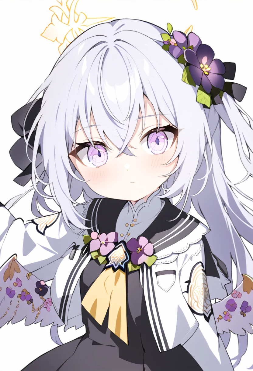azusa \(blue archive\), 1girl angel_wings black_dress blush breasts closed_mouth dress feathered_wings flower grey_hair hair_between_eyes hair_flower hair_ornament halo jacket long_hair open_clothes open_jacket purple_eyes purple_flower simple_background sleeveless sleeveless_dress small_breasts solo twitter_username white_background white_jacket white_wings wings yellow_halo