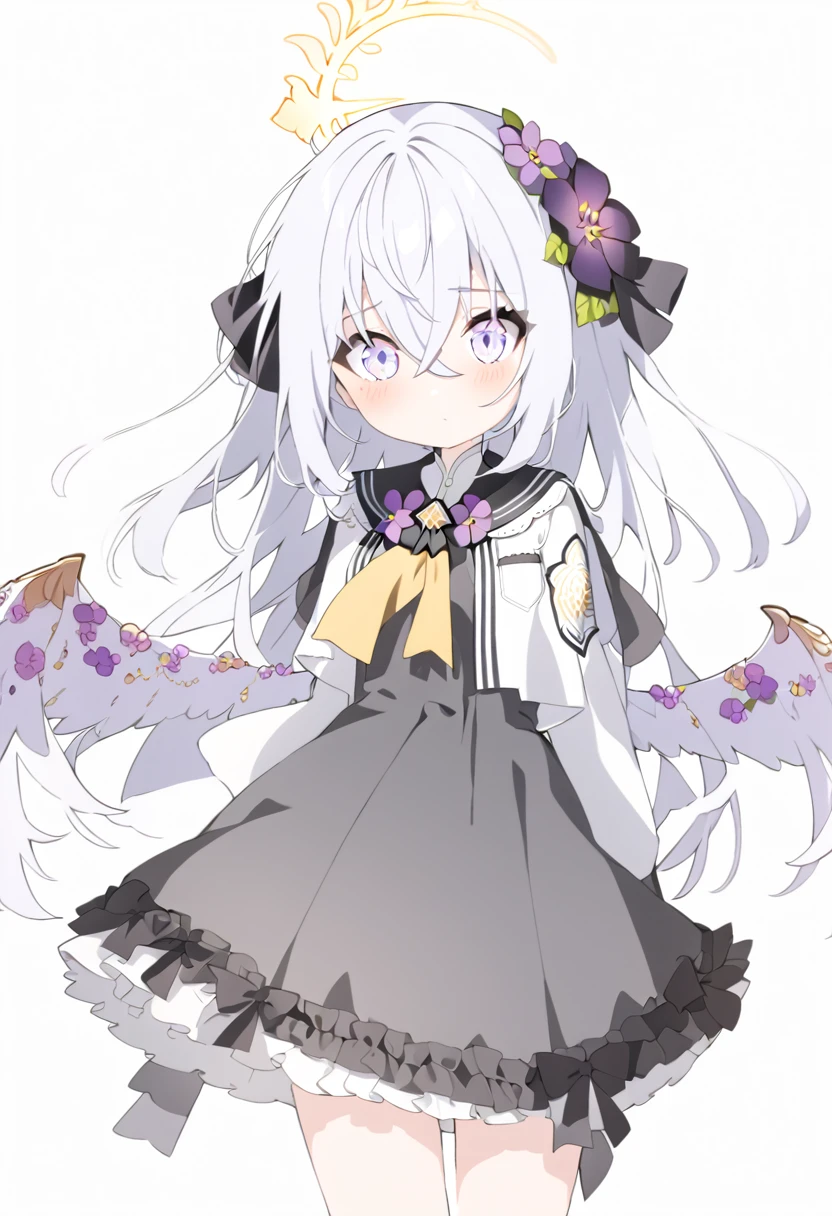 azusa \(blue archive\),  1girl angel_wings black_dress blush breasts closed_mouth dress feathered_wings flower grey_hair hair_between_eyes hair_flower hair_ornament halo jacket long_hair open_clothes open_jacket purple_eyes purple_flower simple_background sleeveless sleeveless_dress small_breasts solo twitter_username white_background white_jacket white_wings wings yellow_halo