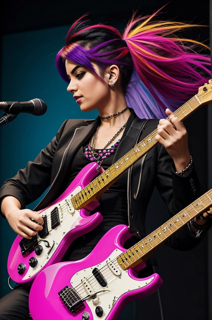 Punk girl with bright colors in her hair, wearing a black suit and playing the electric guitar