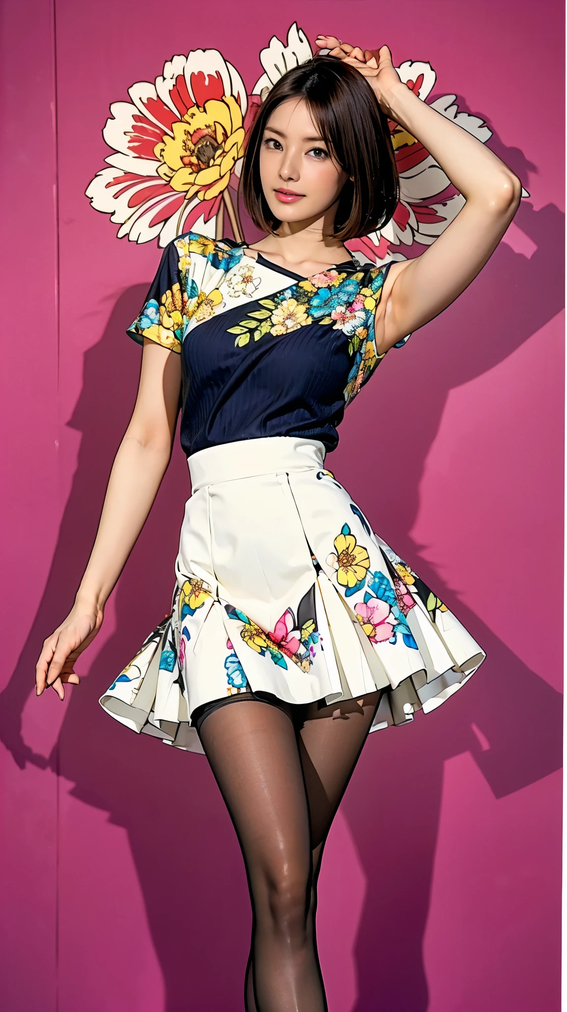 ((masterpiece)),(((Highest quality))),Thin thighs,Long legs,whole body:1.5,(One Girl:1.3),(Black pantyhose and thick pointy heels:1.3),(Wearing a floral striped mid-long flared skirt dress:1.2),Short blonde hair:1.2、Model pose with legs spread wide,