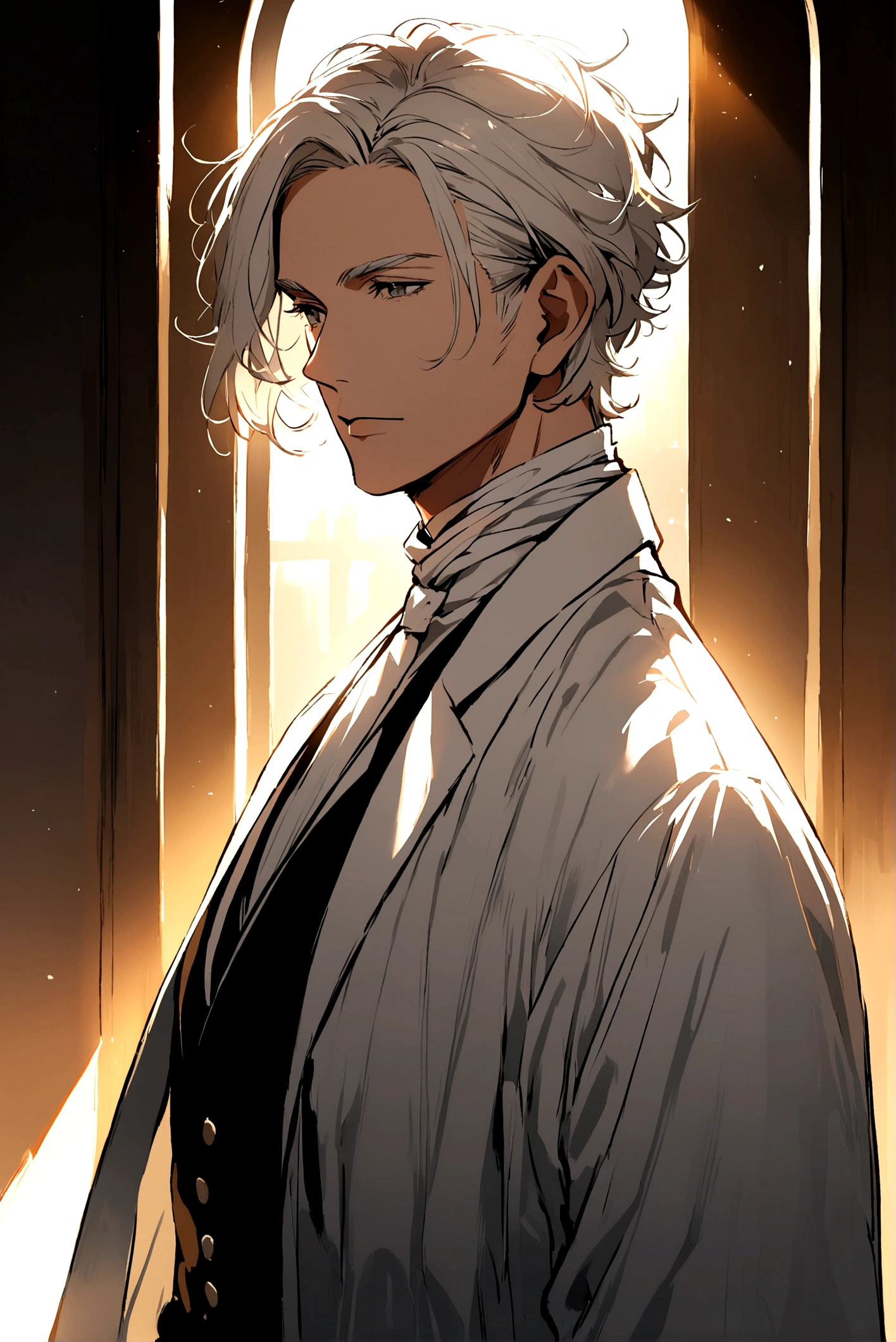 A handsome 40 year old white haired doctor dressed in doctor clothes 