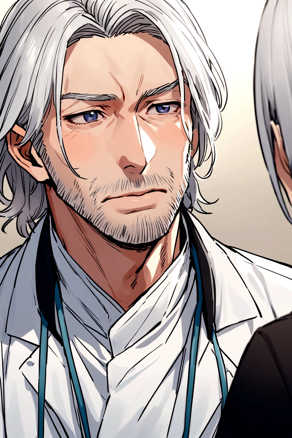 A handsome 40 year old white haired doctor dressed in doctor clothes