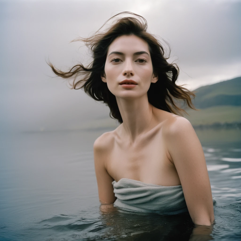 Vintage grainy realistic photo of low quality from the 40s, naked European nudist girls in a mountain lake, 40s quality,1940s grain, Poor Quality, worst quality, bw