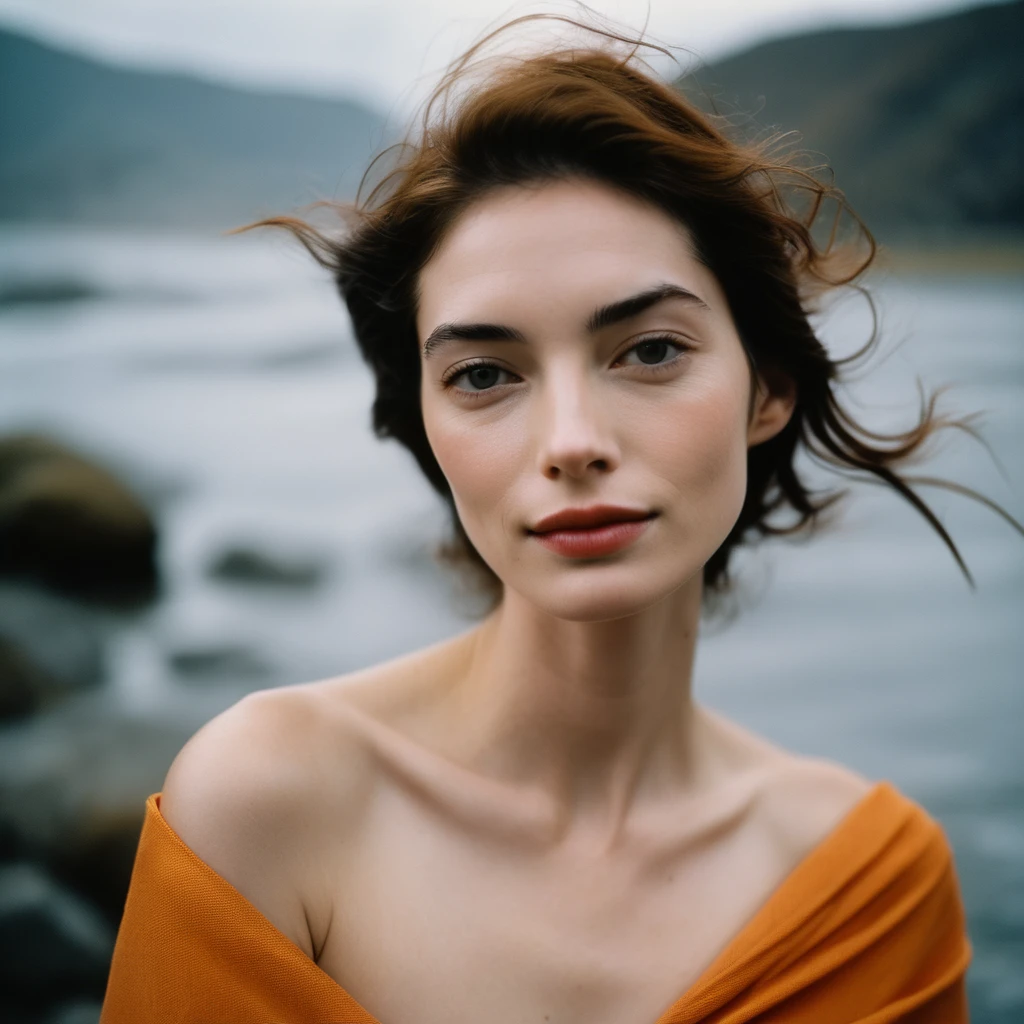 Upper body of a beautiful face Korean girls on ‘cloud sea’ still from the film, ((solo)), (Anne Hathaway look alike face: 0.9), in the style of foggy valley, confidence smile, fighting practice photography, tangerine and fossil grey, burne-jones, photorealistic urban scenes, luminosity of water, Leica SL3, Summicron-SL 75 f/2 ASPH, kodak gold 200 film, bare shoulder, bath towel, dynamic action pose,